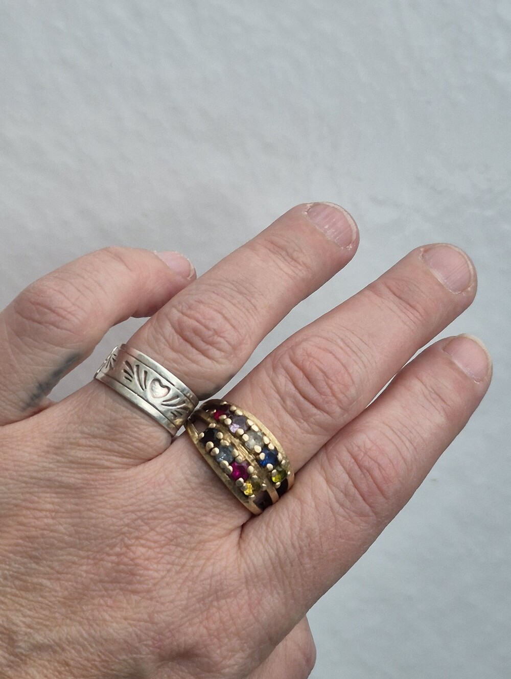 🌙Vintage 14K Gold Multi Birthstone Double Band Statement Ring Bristol Size 8.5 - Picture 8 of 11